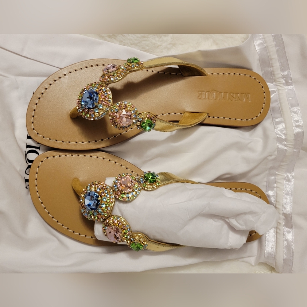 Mystique Boutique Gold T-Strap Sandals with Multicolor Gem Accents Size 10 - Picture 5 of 5